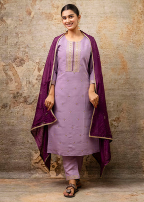 3 Pc Lavender Readymade Silk Dupatta Suit Set
