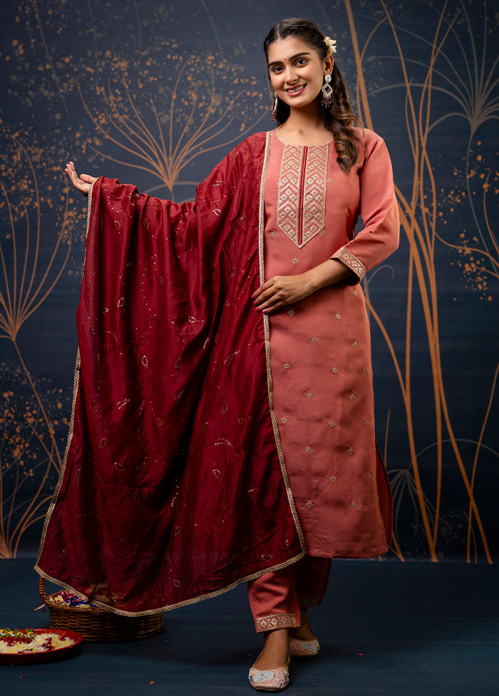 3 Pc Peach Readymade Silk Dupatta Suit Set