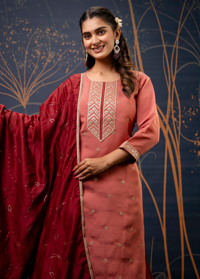 3 Pc Peach Readymade Silk Dupatta Suit Set