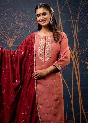 3 Pc Peach Readymade Silk Dupatta Suit Set
