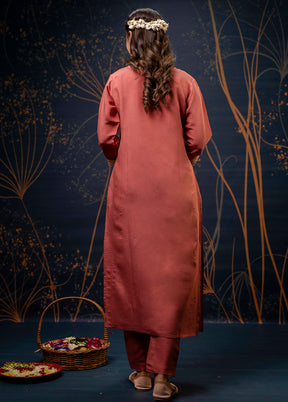 3 Pc Peach Readymade Silk Dupatta Suit Set