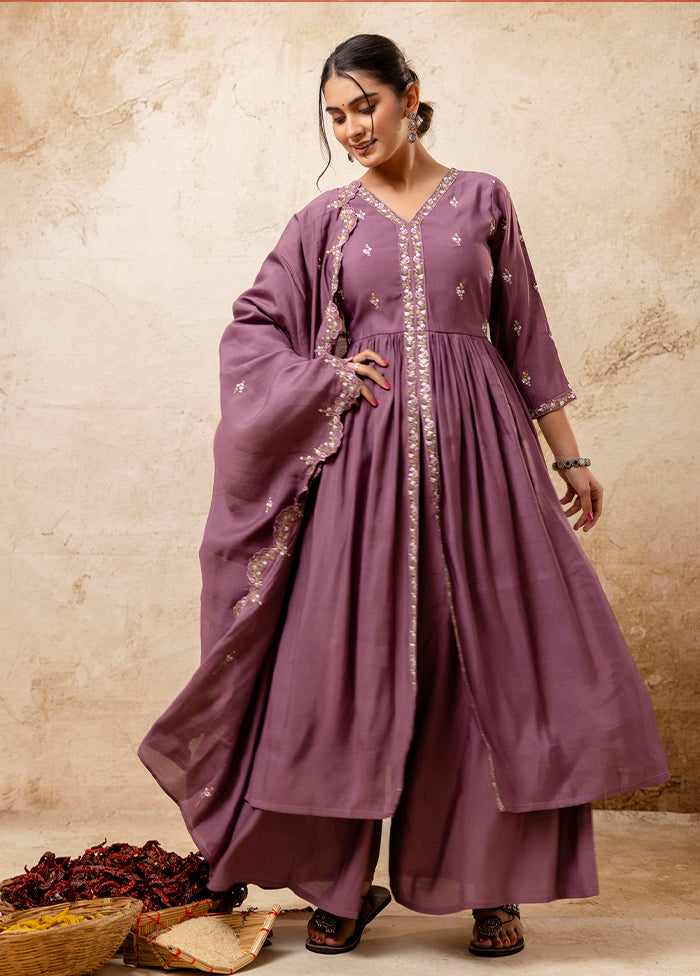 3 Pc Lavender Readymade Silk Dupatta Suit Set