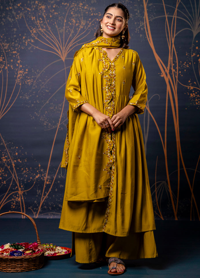 3 Pc Mustard Readymade Silk Dupatta Suit Set