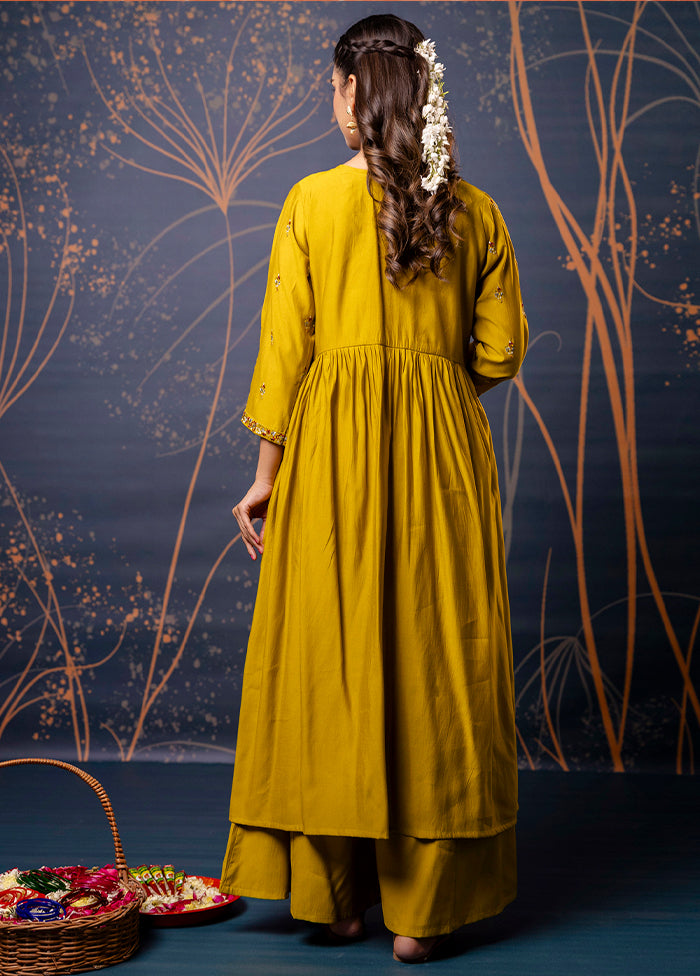 3 Pc Mustard Readymade Silk Dupatta Suit Set