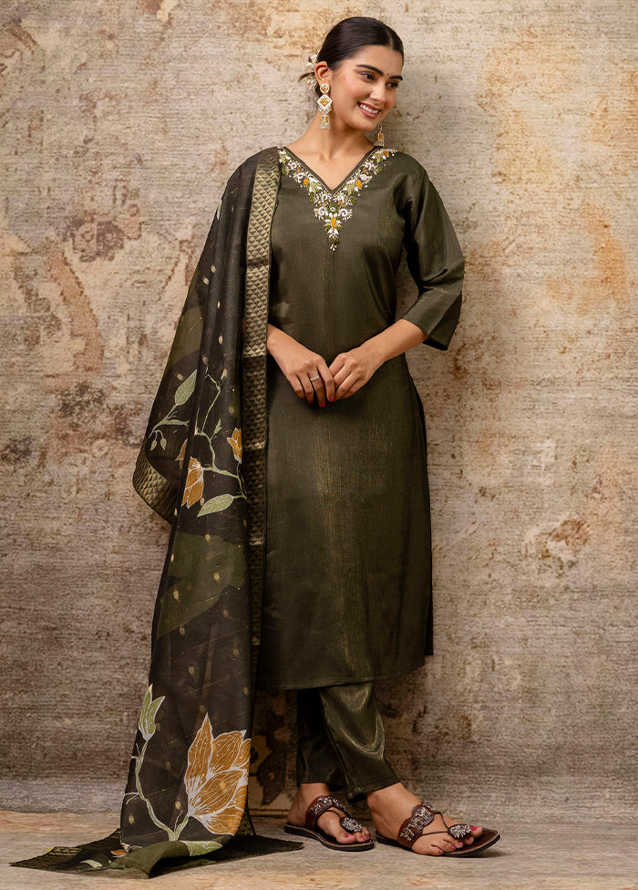 3 Pc Green Readymade Silk Dupatta Suit Set