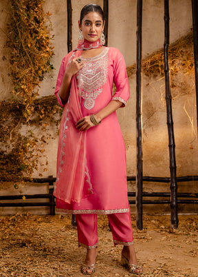 3 Pc Peach Readymade Silk Dupatta Suit Set