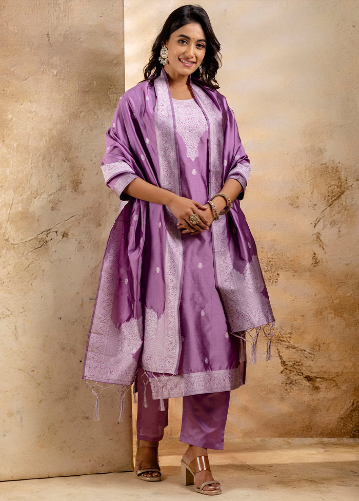 3 Pc Lavender Readymade Cotton Dupatta Suit Set