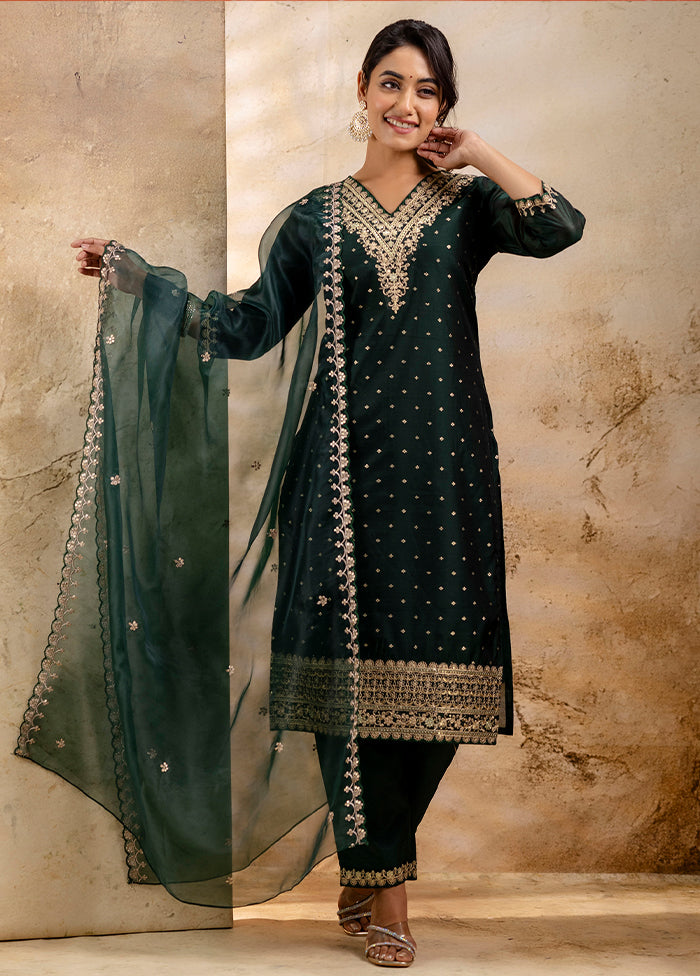 3 Pc Green Readymade Chanderi Dupatta Suit Set