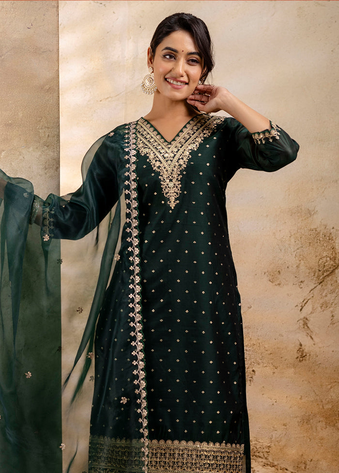 3 Pc Green Readymade Chanderi Dupatta Suit Set