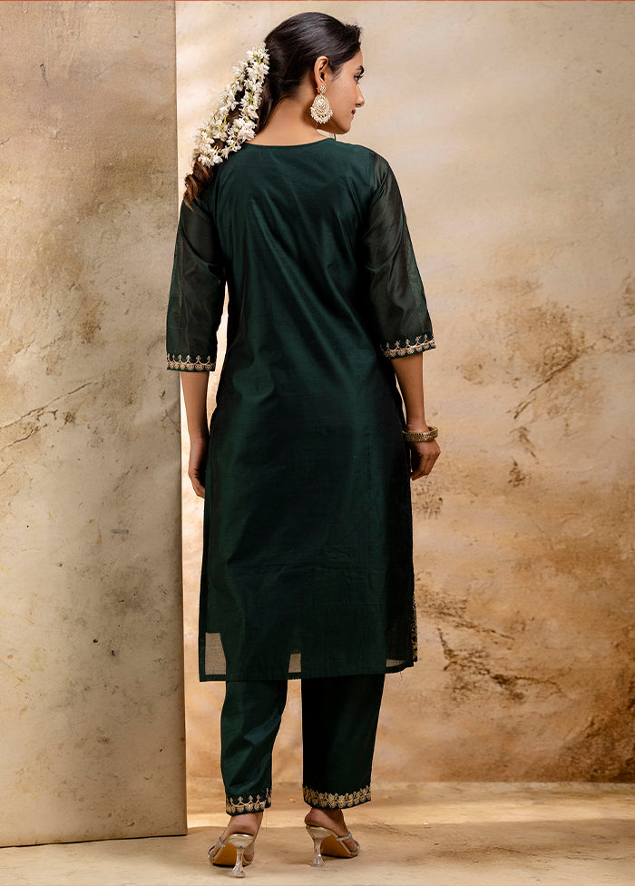 3 Pc Green Readymade Chanderi Dupatta Suit Set