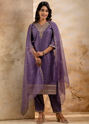 3 Pc Lavender Readymade Chanderi Dupatta Suit Set