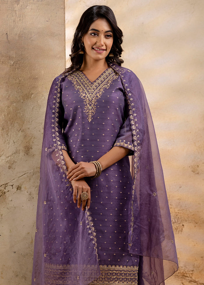 3 Pc Lavender Readymade Chanderi Dupatta Suit Set