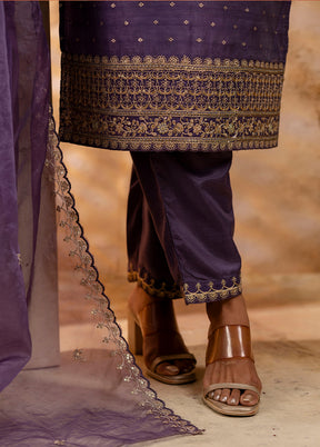 3 Pc Lavender Readymade Chanderi Dupatta Suit Set