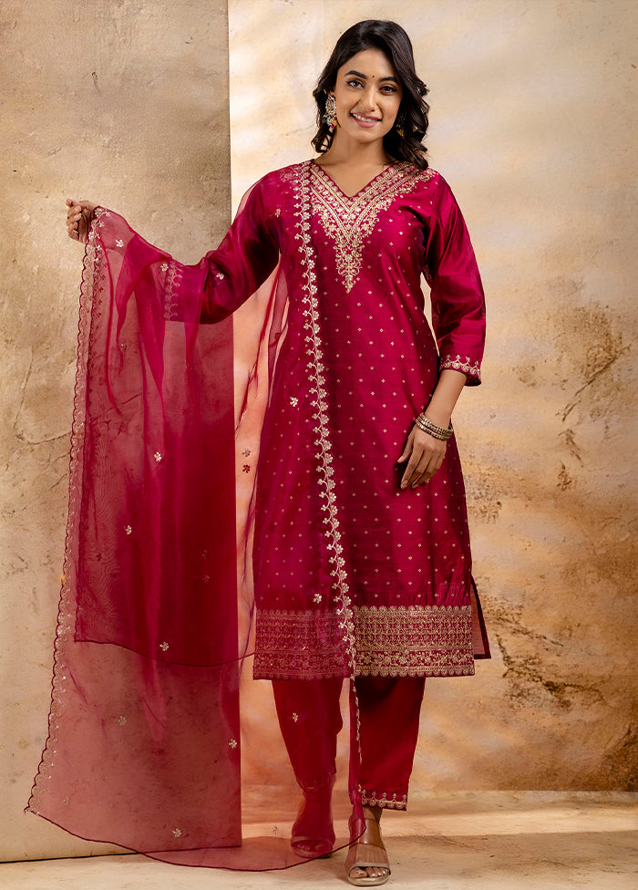 3 Pc Rani Readymade Chanderi Dupatta Suit Set