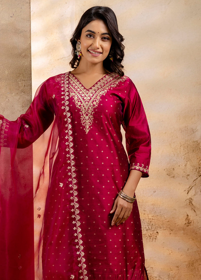 3 Pc Rani Readymade Chanderi Dupatta Suit Set