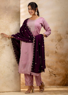 3 Pc Lavender Readymade Silk Dupatta Suit Set