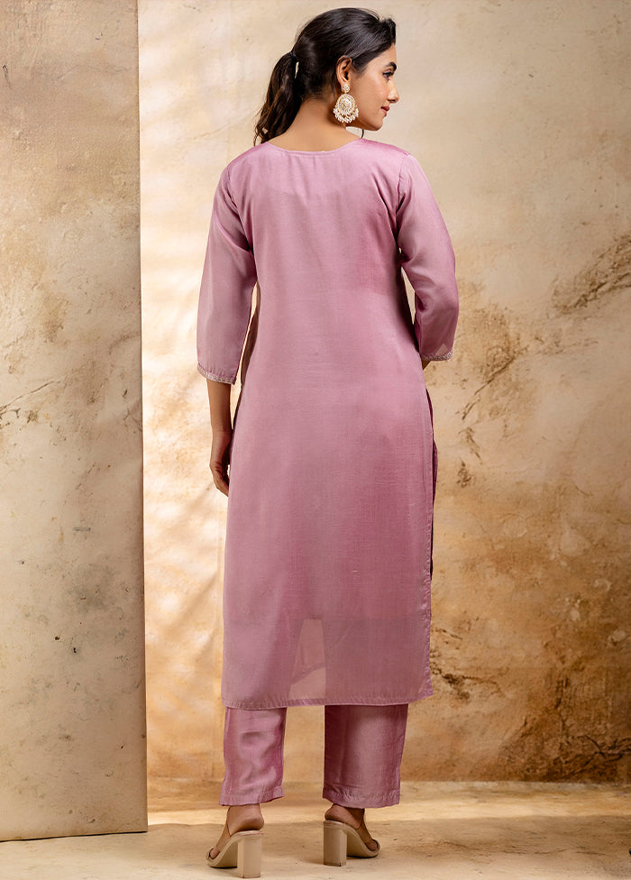 3 Pc Lavender Readymade Silk Dupatta Suit Set