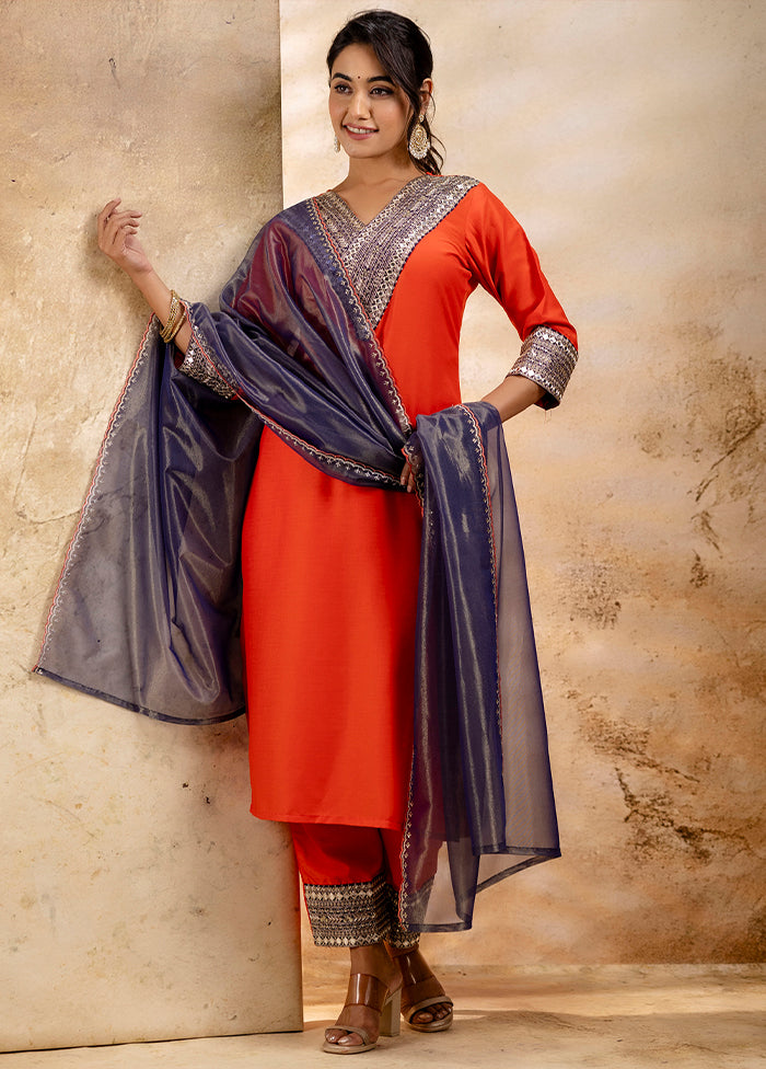 3 Pc Peach Readymade Viscose Dupatta Suit Set