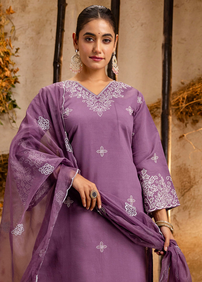 3 Pc Lavender Readymade Silk Dupatta Suit Set
