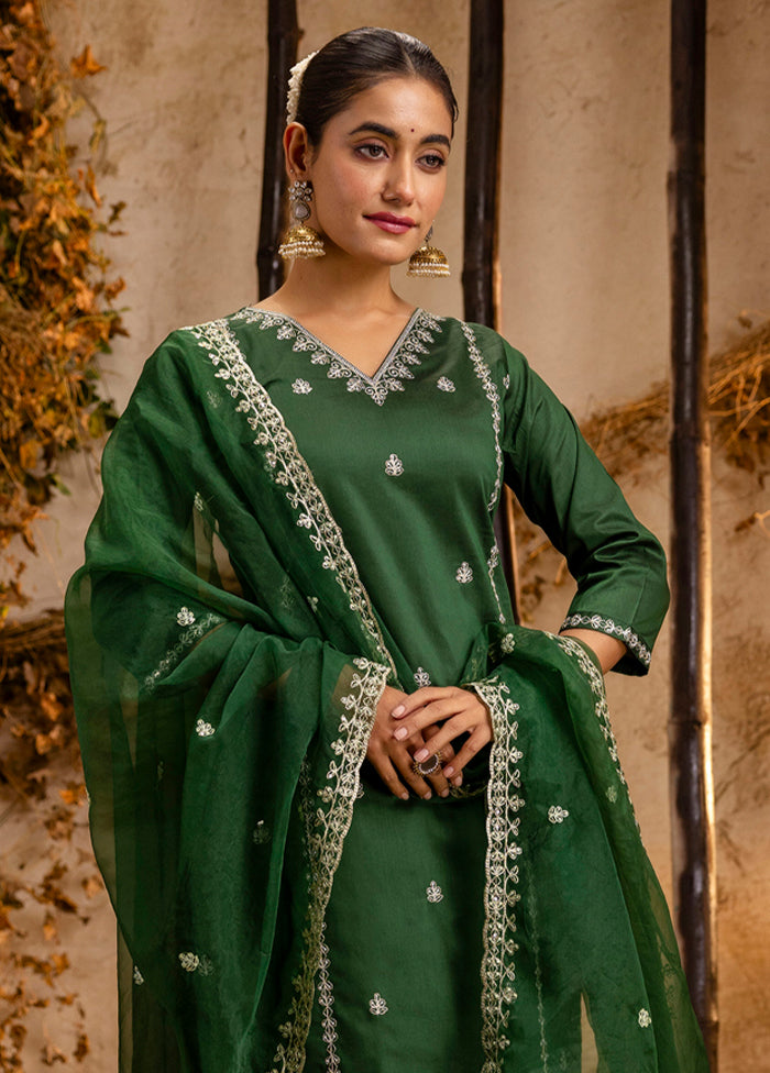3 Pc Green Readymade Silk Dupatta Suit Set