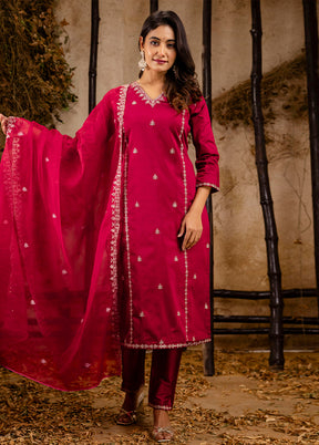 3 Pc Maroon Readymade Silk Dupatta Suit Set