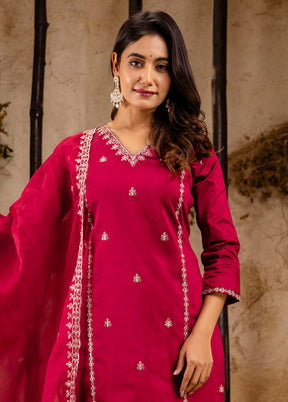 3 Pc Maroon Readymade Silk Dupatta Suit Set