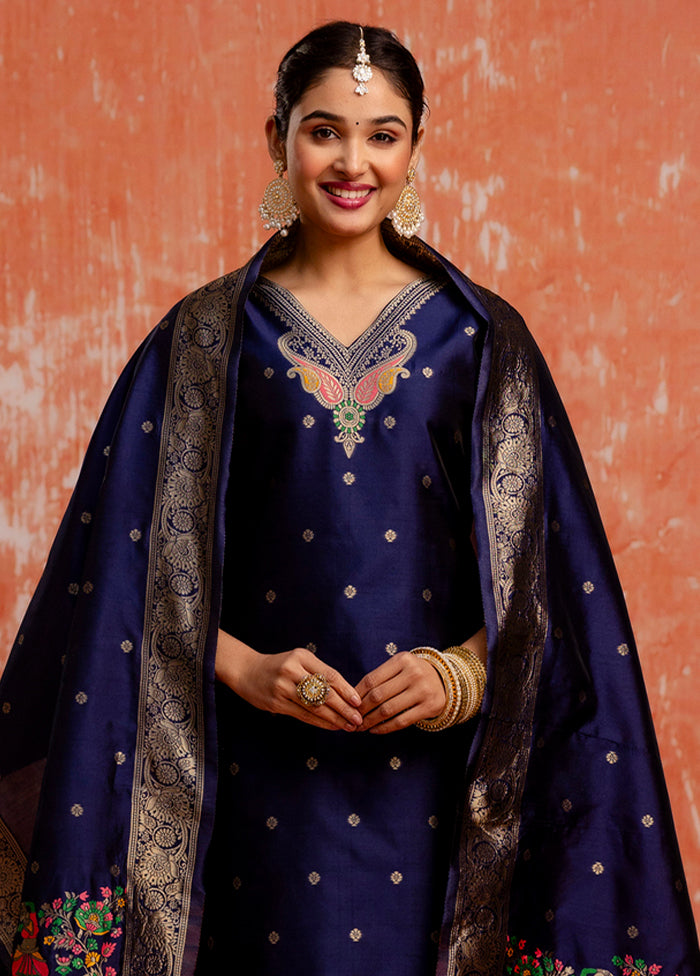 3 Pc Blue Readymade Cotton Dupatta Suit Set