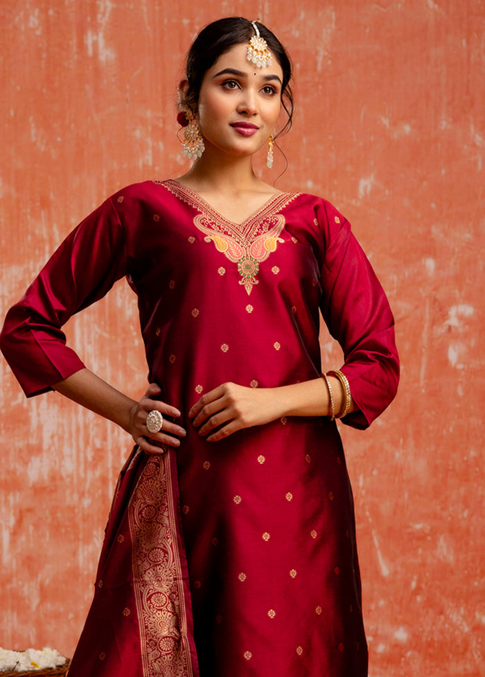 3 Pc Maroon Readymade Cotton Dupatta Suit Set
