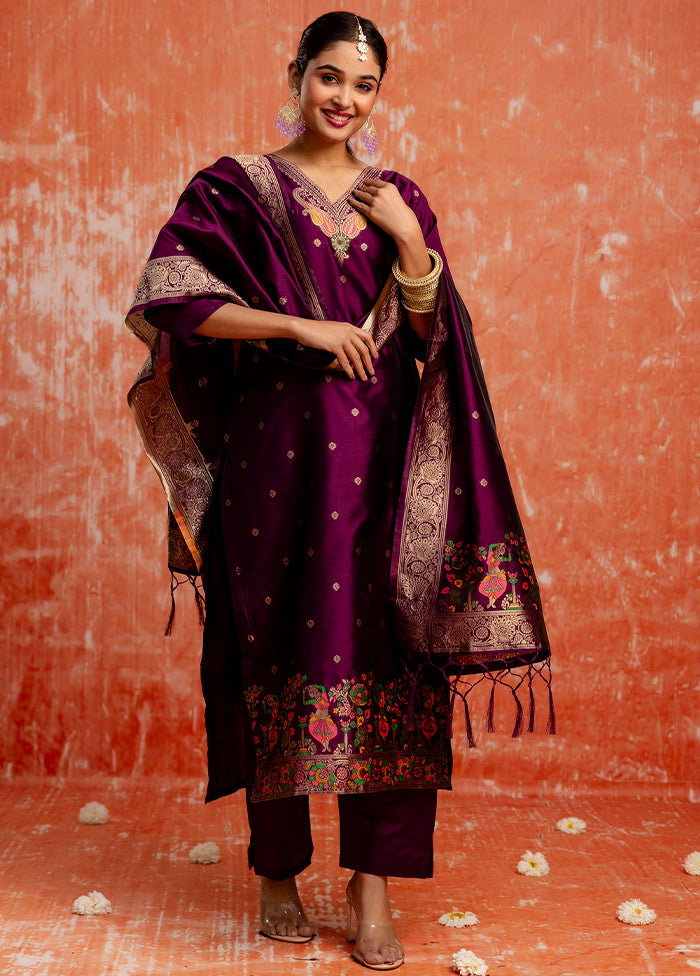 3 Pc Purple Readymade Cotton Dupatta Suit Set