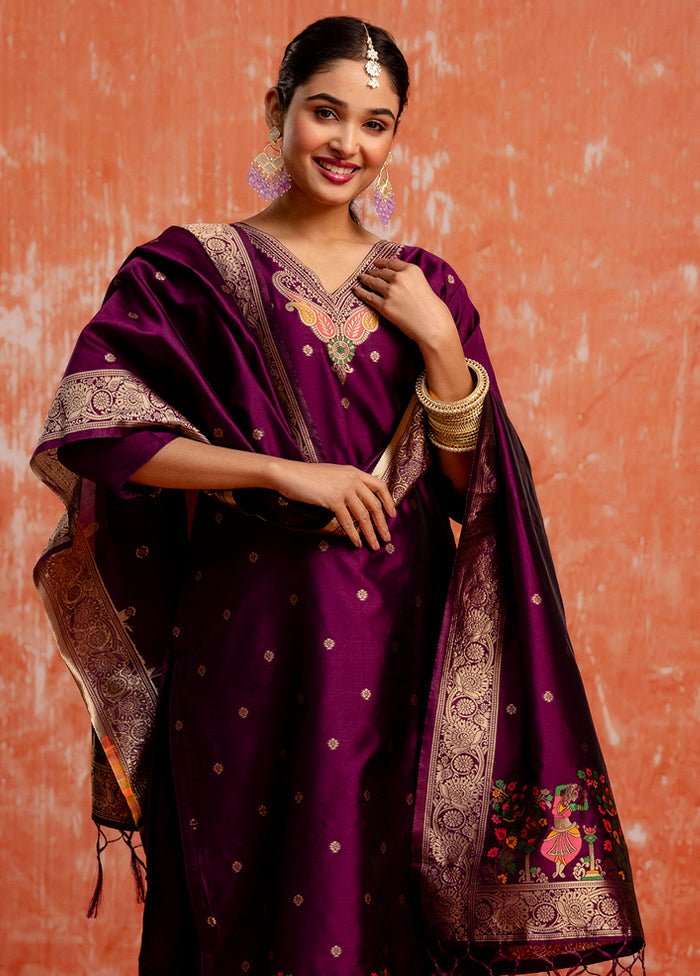 3 Pc Purple Readymade Cotton Dupatta Suit Set