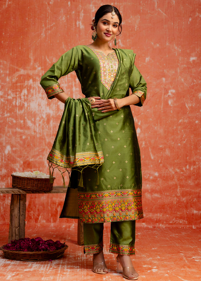 3 Pc Mehendi Readymade Cotton Dupatta Suit Set