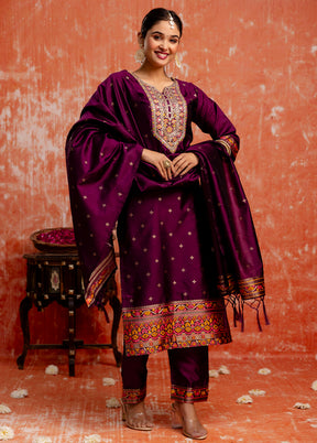3 Pc Purple Readymade Cotton Dupatta Suit Set