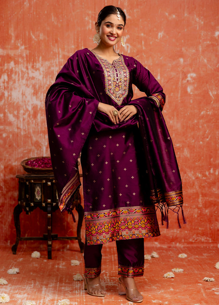 3 Pc Purple Readymade Cotton Dupatta Suit Set