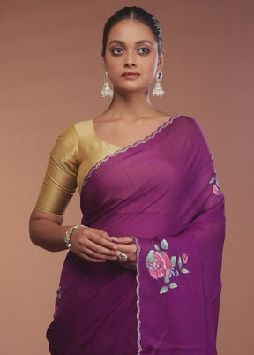 Purple Handloom Pure Organza Saree With Blouse Piece