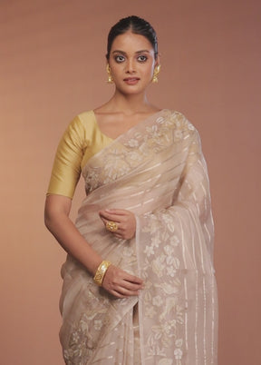 Cream Handloom Pure Organza Saree With Blouse Piece