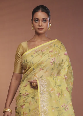 Yellow Handloom Pure Organza Saree With Blouse Piece