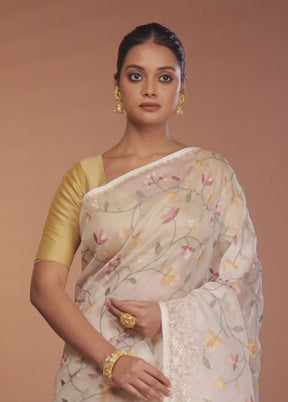 White Handloom Pure Organza Saree With Blouse Piece