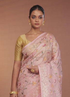 Pink Handloom Pure Organza Saree With Blouse Piece