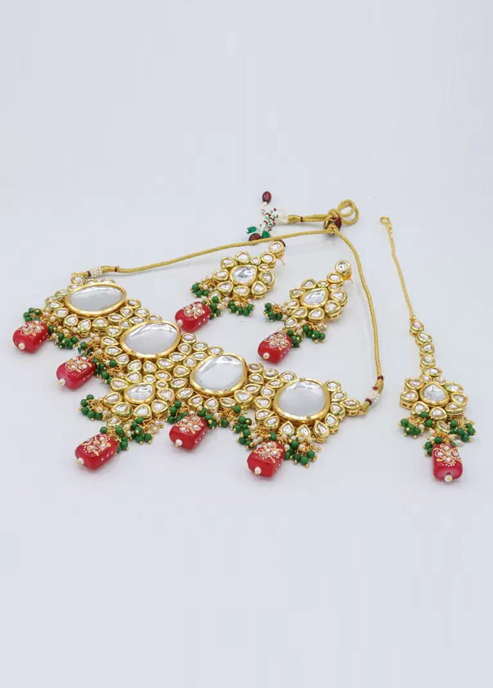 Magenta Pink Beaded Kundan Choker Set With Mangtika - Indian Silk House Agencies
