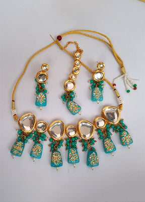 Kundan Studded Sky Blue Jewellery Set With Mangtika - Indian Silk House Agencies