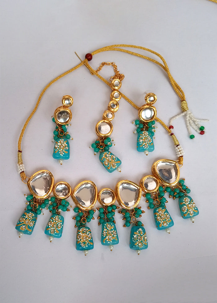 Kundan Studded Sky Blue Jewellery Set With Mangtika - Indian Silk House Agencies