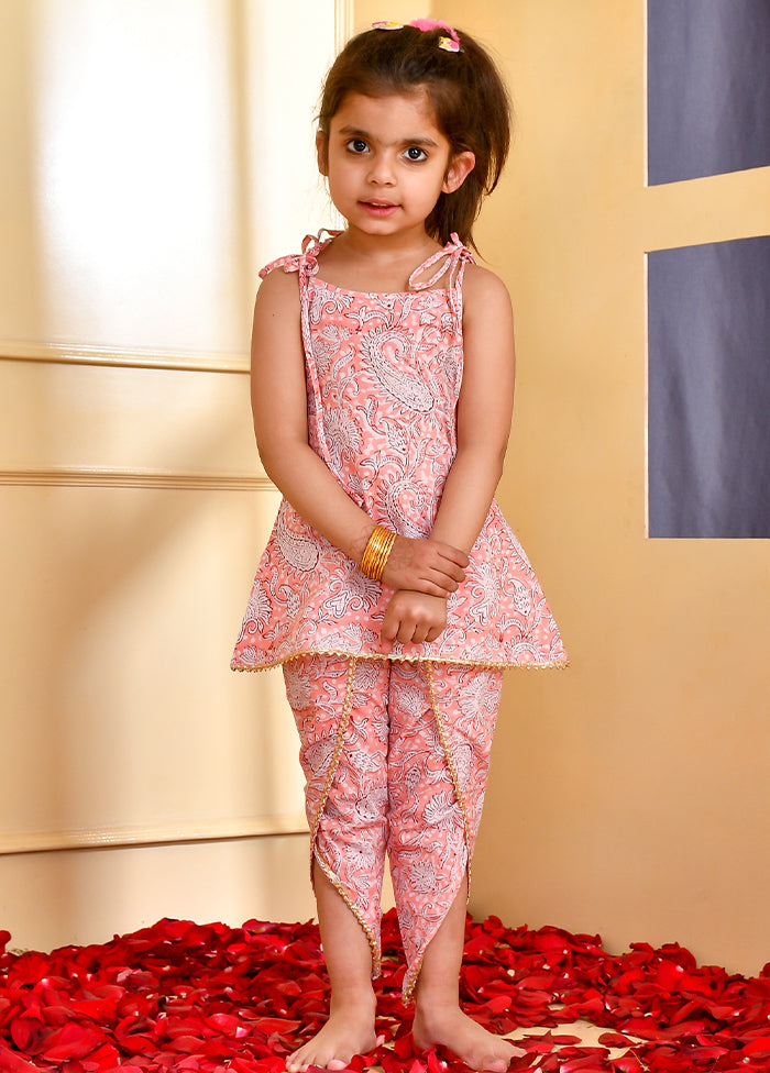 Peach Cotton Block Print Kurti Dhoti - Indian Silk House Agencies